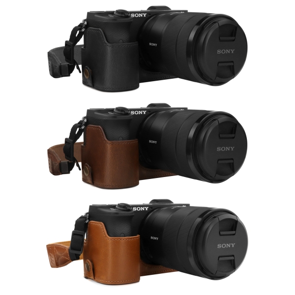 MegaGear Suni Deri Yarım Kamera Kılıf Sony Alpha A6600 ile uyumlu (TEK DİP)